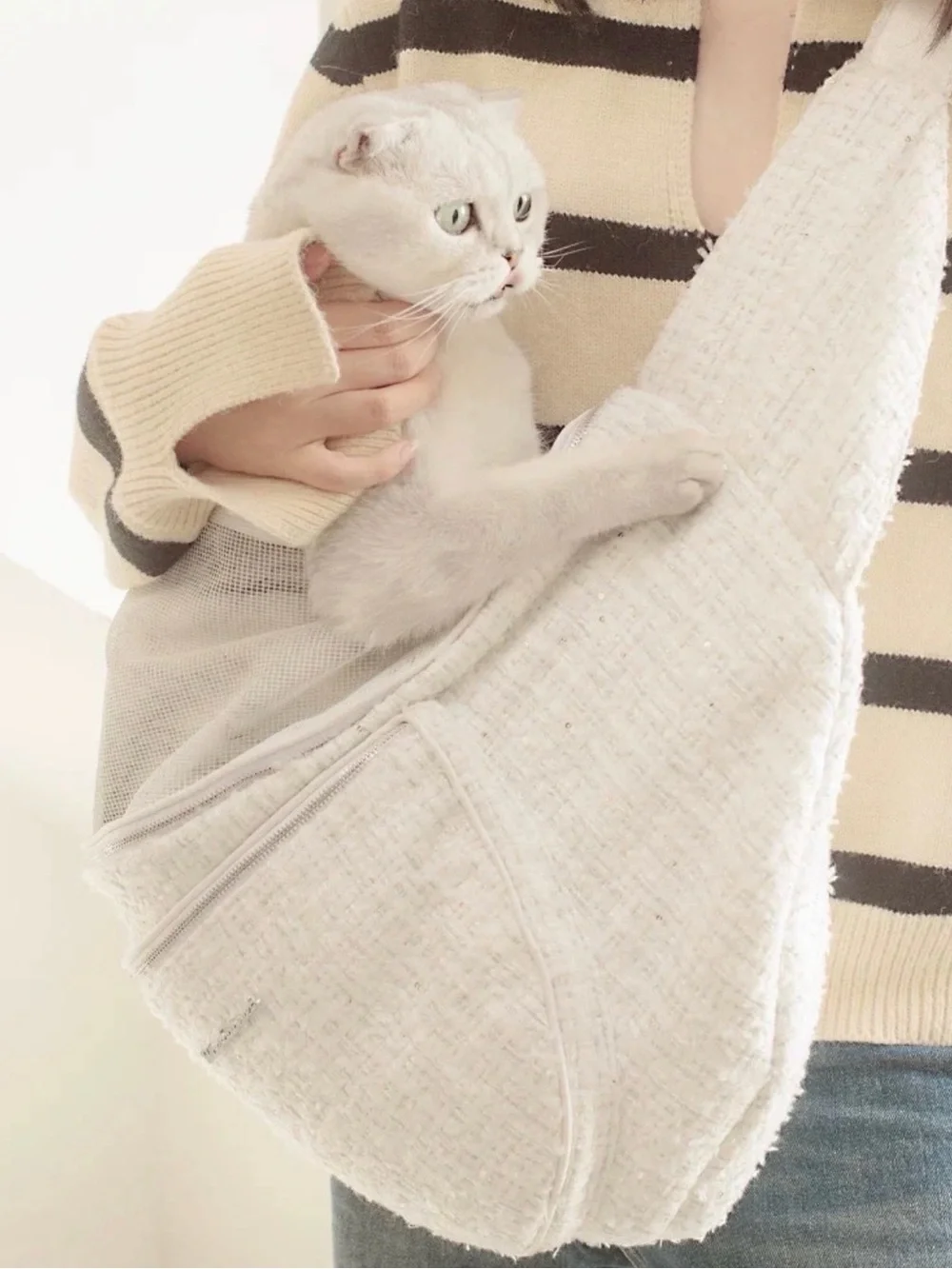 White Tweed Pet Carrier Sling Bag - Soft Mesh Top
